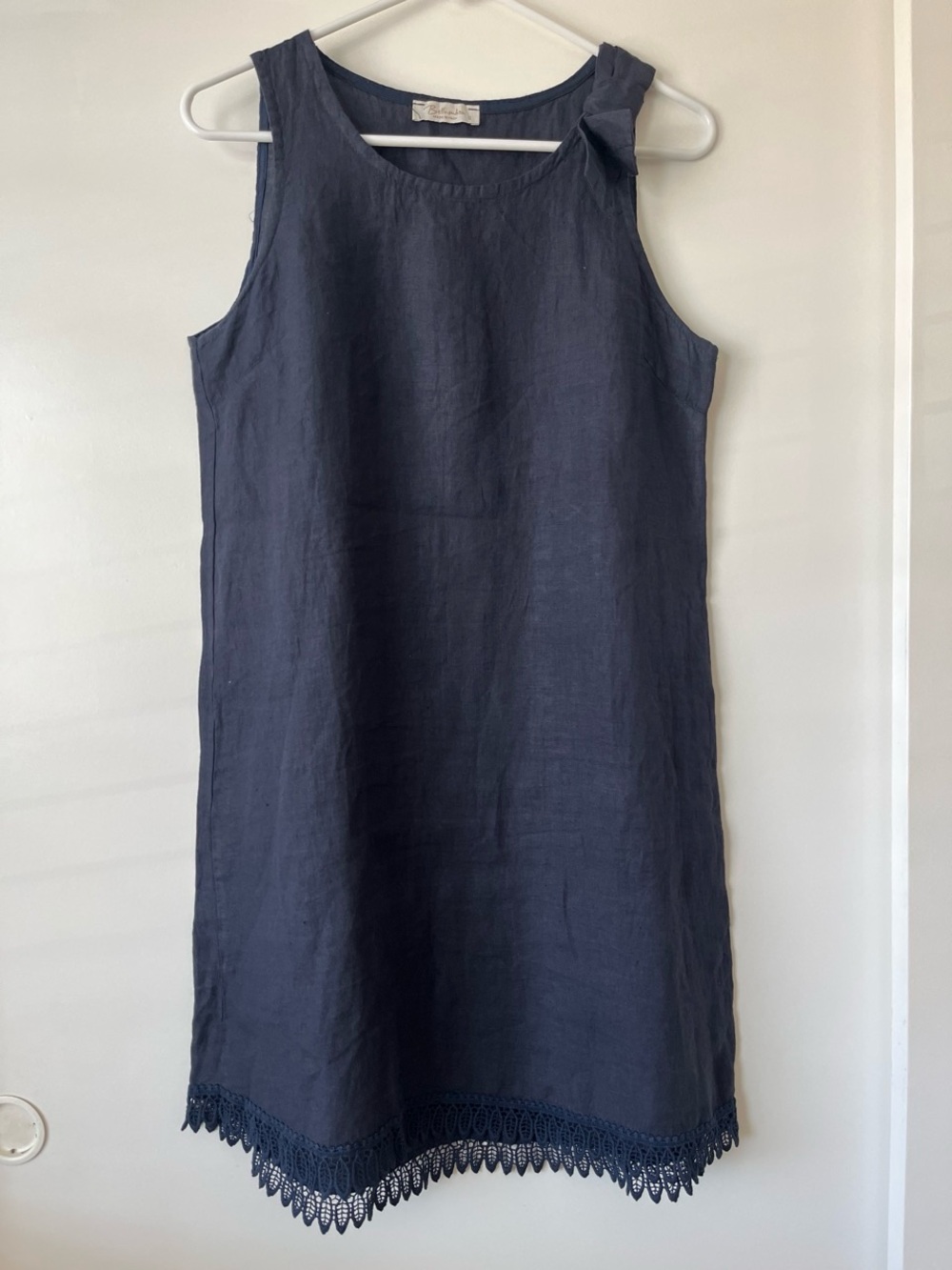 Sleeveless Navy 100% Linen Shift Dress with Lace Hem - Made in Italy